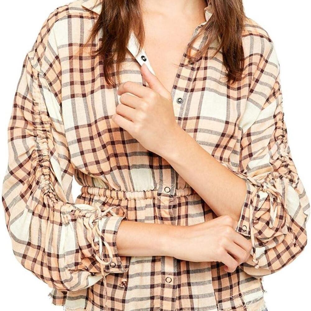 Free People orange and white plaid blouse size women's XS